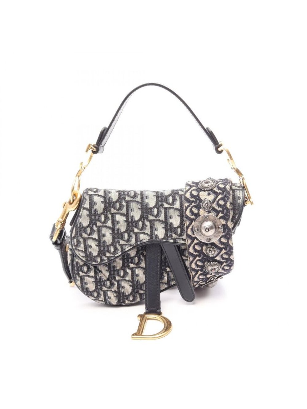 Dior Handbag Saddle Bag Mini Oblique Jacquard 2-Way Ivory Navy Canvas Leather